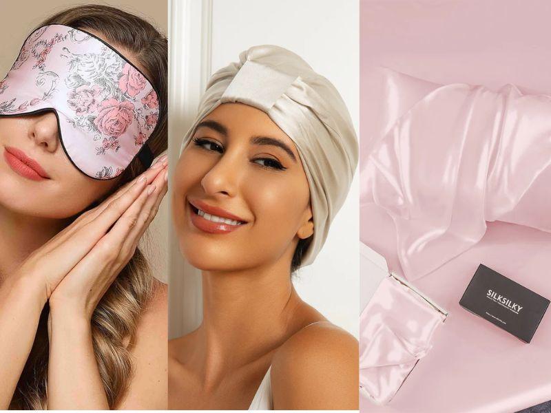 Silksilky silk eye mask, hair wrap, and pillowcase for sleep and beauty