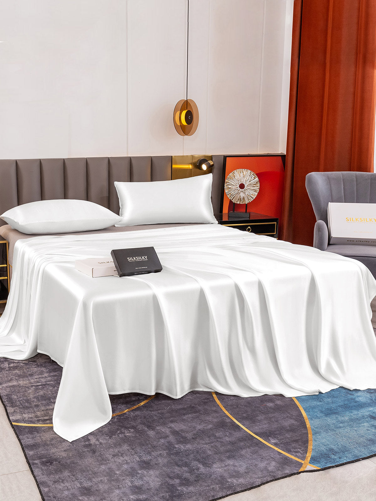 19Momme 3Pcs Silk Set Flat Sheet+2x Pillowcases - [White] SilkSilky  19Momme Bedding Set 003