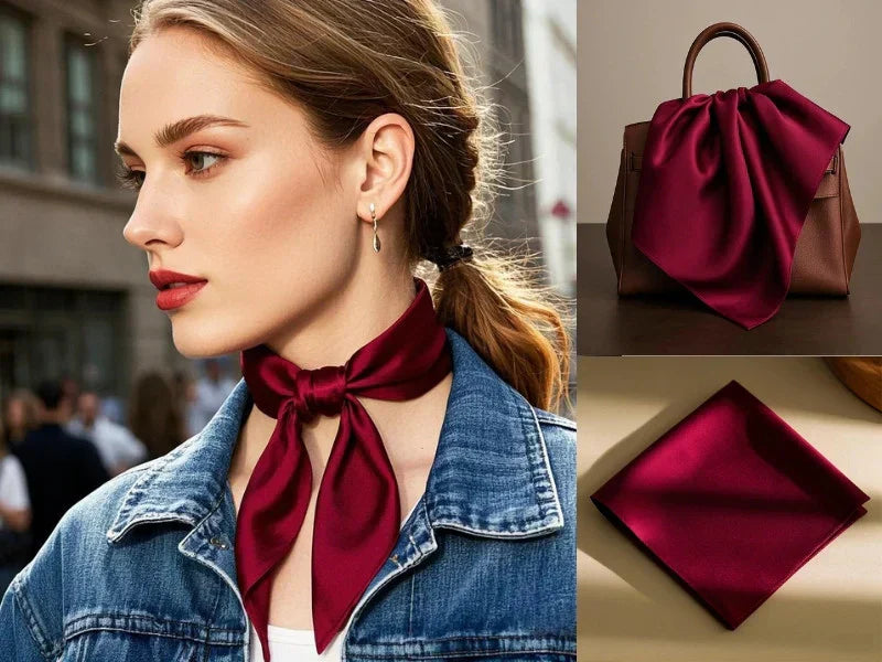A collage showing a woman wearing a red silk necktie, a red silk scarf draped over a brown handbag, and a neatly folded red silk pocket square