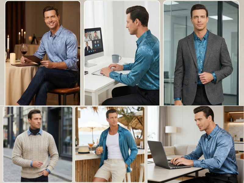 a male model styling satin shirts for different occasions: dining at a restaurant, working at a desk, wearing a blazer for business, layering with a sweater for outdoors, relaxing at a beach bar, and using a laptop at home
