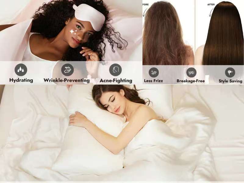 Marketing collage showing silk benefits including a woman with sleep mask, before/after hair comparison, and icons highlighting benefits: "Hydrating, Wrinkle-Preventing, Acne-Fighting, Less Frizz, Breakage-Free, Style Saving"