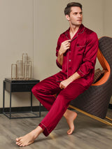 [Red] Men's burgundy mulberry silk pajama set with notch collar and button-up design 006