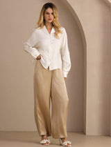 [White] SilkSilky  Long Sleeve Split Women's Blouse 007