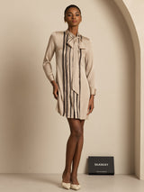 [Tan] Beige long-sleeve tunic mini dress with vertical dark stripes in a full-body view, with the legs staggered. 006