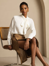 [White] SilkSilky  Long Sleeve Tie Neck Women's Blouse 001