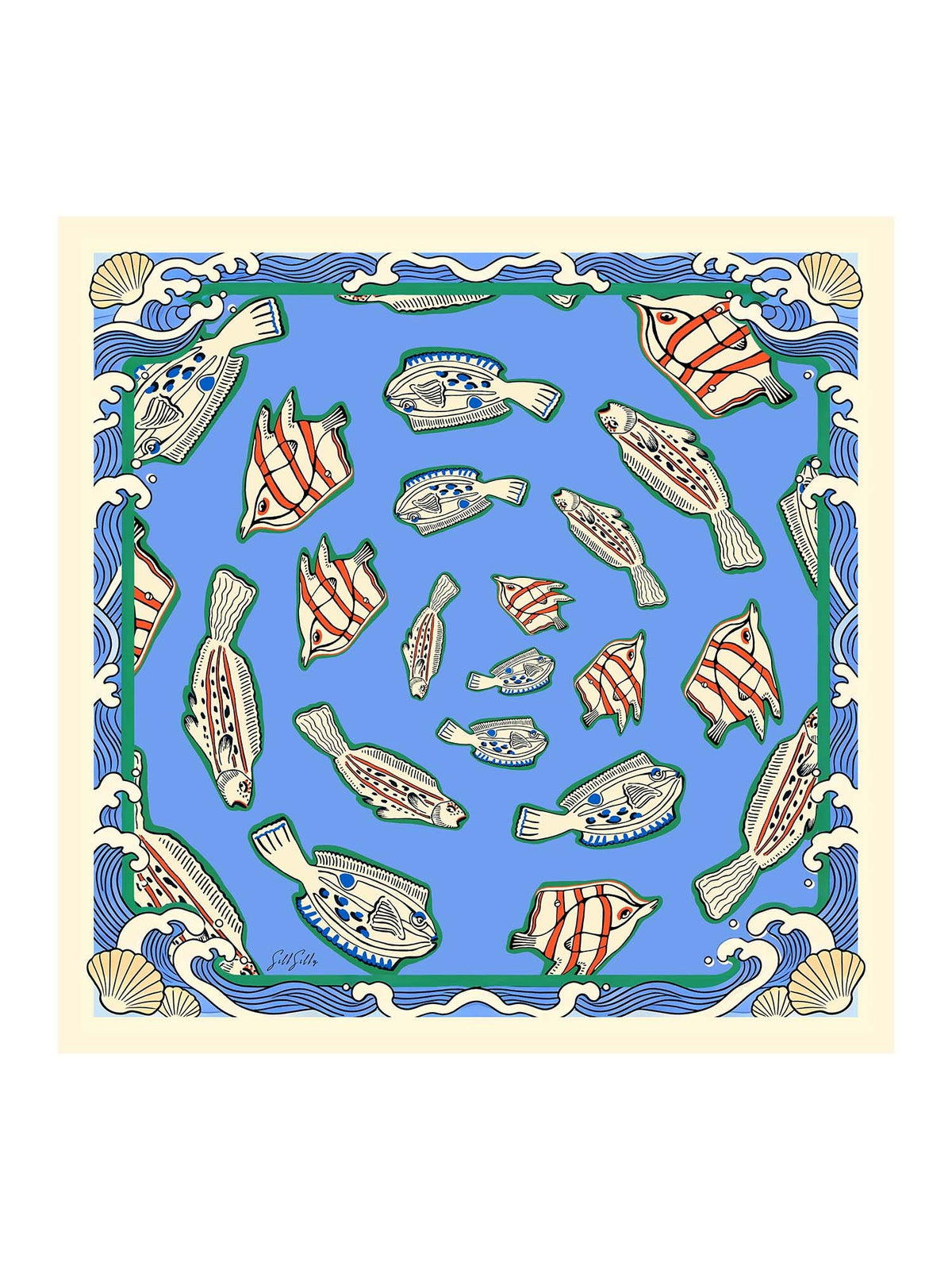 [Blue Fish] Flat-lay view of a 90 cm square silk scarf in bright blue with multicolor fish motifs and a pale patterned border 001