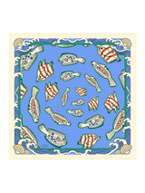 [Blue Fish] Flat-lay view of a 90 cm square silk scarf in bright blue with multicolor fish motifs and a pale patterned border 001