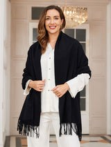 [Black] black rectangular shawl with fringed edges, styled front view, draped broadly around the shoulders. 002