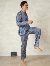 [Navy Stripe] Men's blue and white striped mulberry silk pajama set with lapel collar and long sleeves