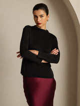 [Black] Model wearing black mulberry silk long sleeve mock neck top with burgundy skirt 003