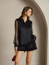 [Black] Black sheer sleeve silk shirt with collar and button front 003