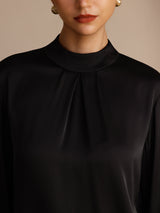 [Black] SilkSilky Long Sleeve Stand Collar Women's Blouse 005