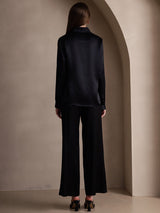 [Black] Back view of black silk long sleeve lapel collar women's shirt with wide-leg pants 002