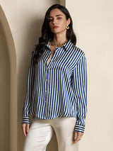 [Navy Stripe] SilkSilky  Long Sleeve Lapel Collar Women's Shirts 003