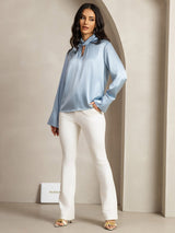 [Grayish Blue] SilkSilky  Long Sleeve Keyhole Neck Women's Blouse 012