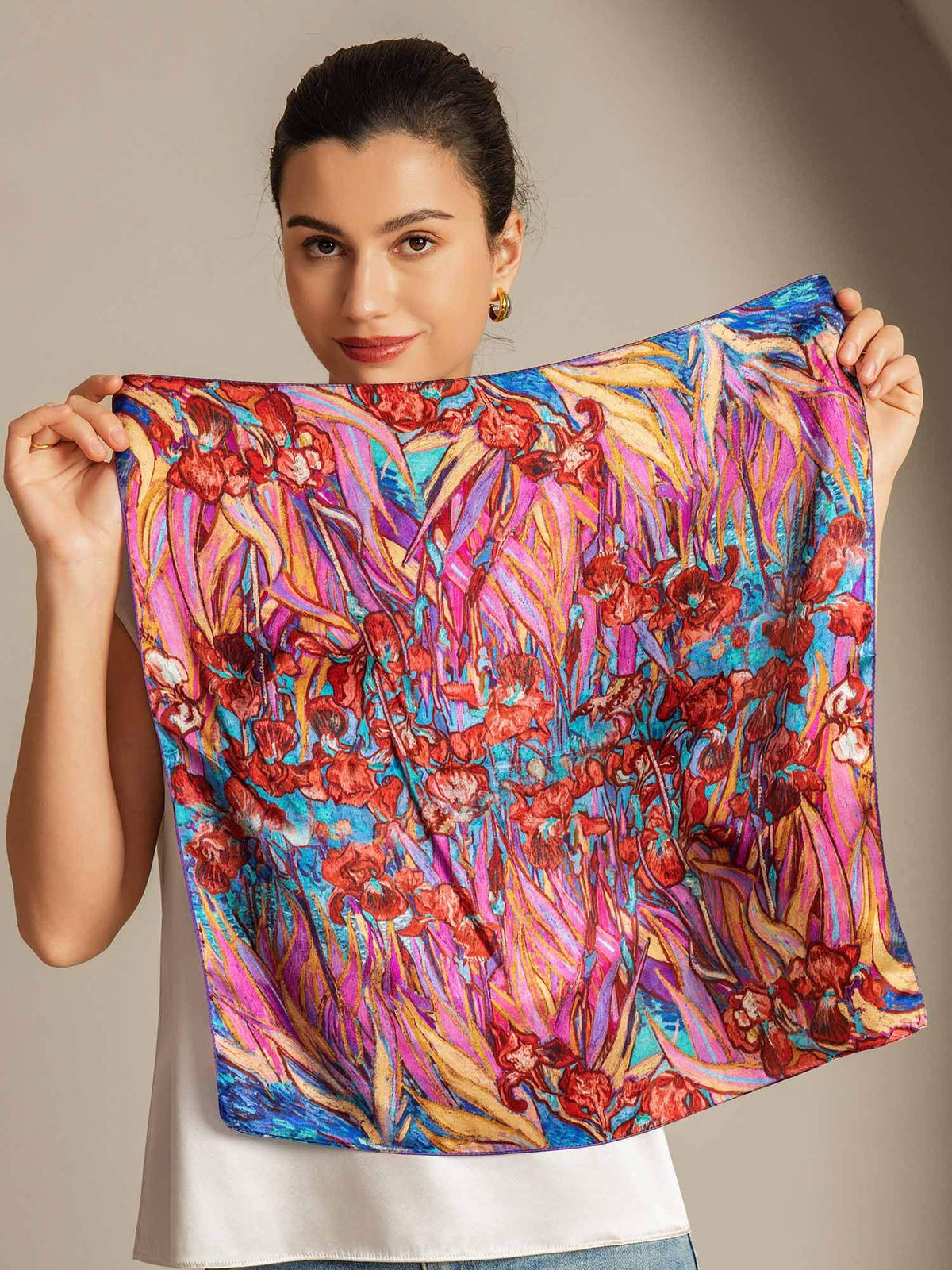 [P095] Model holding colorful floral 100% Mulberry silk square scarf with red flowers 002
