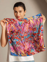 [P095] Model holding colorful floral 100% Mulberry silk square scarf with red flowers 002