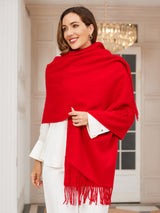 [Red] bright red rectangular shawl with fringed edges, styled front view, draped broadly around the shoulders. 003