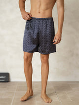 [Navy Ginkgo] Navy mulberry silk ginkgo print men's sleep shorts with elastic waistband 001