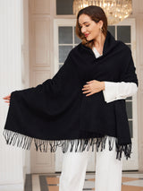 [Black] black rectangular shawl with fringed edges, styled front view, one side extended outward to show the width. 001