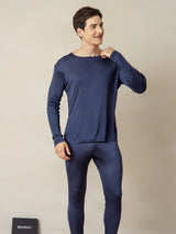 [Dark Blue] Model wearing navy men's silk jersey long johns with crew neck top and leggings 003