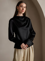 [Black] SilkSilky  Long Sleeve Boat Neck Women's Blouse 003