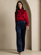 [Wine] SilkSilky  Long Sleeve Tie Neck Women's Blouse 004