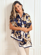 [P026] Navy and white mulberry silk carriage print shawl scarf on model