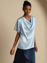 [Grayish Blue] Light blue silk cowl neck short sleeve top with loose drape 005