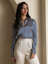 [Navy Stripe] SilkSilky  Long Sleeve Lapel Collar Women's Shirts 005