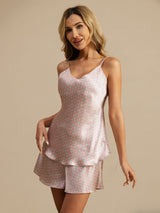 [Pink Heart Geo] Woman wearing pink geometric print Mulberry silk camisole set with spaghetti straps 004