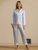 [Light Blue] SilkSilky  Long Sleeve Lapel Collar Women's Pajamas 001