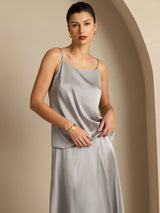 [Griffin Gray] Model wearing a silver silk spaghetti strap camisole with round neck 001