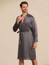 [Black Ginkgo] Men's knee length mulberry silk robe with ginkgo print, belted design 004