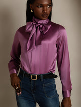 [Deep Purple] Purple silk high neck blouse with oversized bow and long sleeves 003