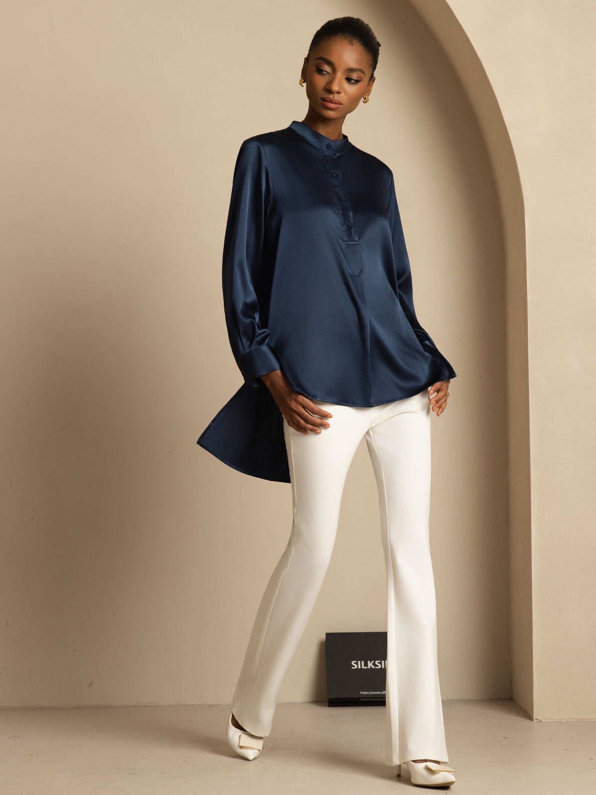 [Dark Blue] SilkSilky  Long Sleeve Stand Collar Women's Blouse 001