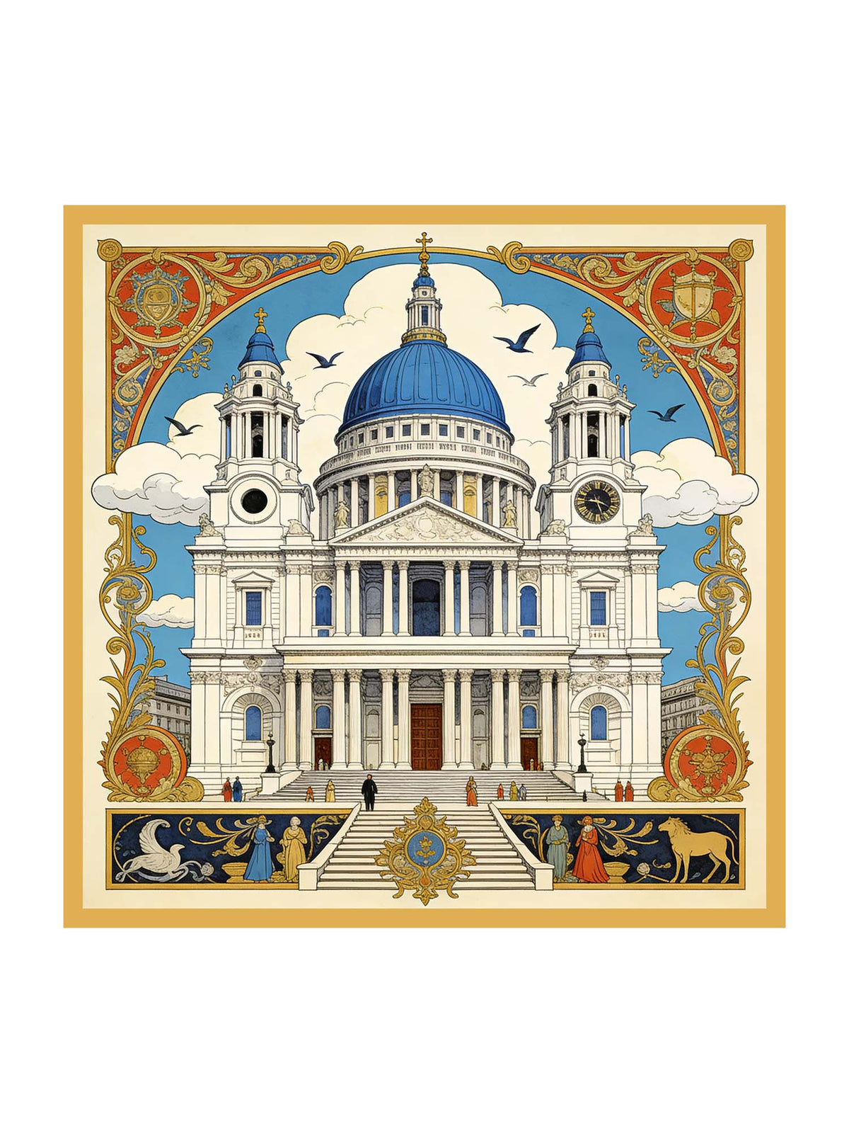 [P107] Flat-lay studio view of a square scarf with an ornate multicolor architectural print and gold border. 001