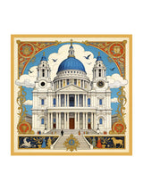 [P107] Flat-lay studio view of a square scarf with an ornate multicolor architectural print and gold border. 001
