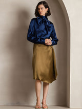 [Dark Blue] SilkSilky  Long Sleeve Tie Neck Women's Blouse 006