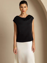 [Black] Black silk cowl neck cap sleeve women's top styled with white skirt 004