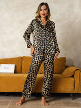[Leopard] Woman wearing leopard print silk pajama set with long-sleeve notch-collar top and pants 004