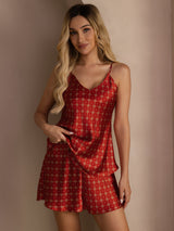 [Wine Chain] Red mulberry silk camisole set with spaghetti straps, V-neck and geometric print 005