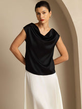 [Black] Black silk cowl neck cap sleeve women’s top styled with white skirt 005