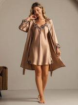 [Brown] Beige 100% mulberry silk nightgown and robe set with lace trim 009