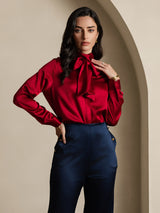 [Wine] SilkSilky  Long Sleeve Tie Neck Women's Blouse 003