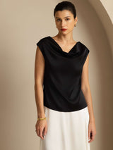 [Black] Black silk cap sleeve cowl neck women's top with relaxed drape 001