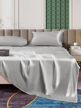 [Silver] Silver 25 momme mulberry silk bed sheet set with pillowcases on modern bed 006
