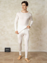 [White] Men wearing white silk jersey long johns with crew neck top and leggings 003