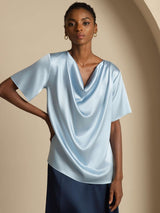 [Grayish Blue] Light blue silk cowl neck short sleeve top with loose drape 001