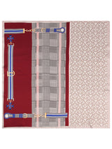 [P037] Printed square silk scarf in burgundy, beige and blue geometric plaid design 002